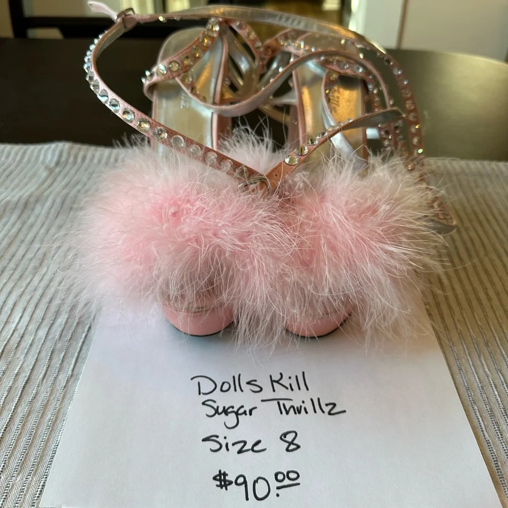 Dolls Kill Blush Pink Feathered Crystal Block Heel Sandals - Picture 6 of 9